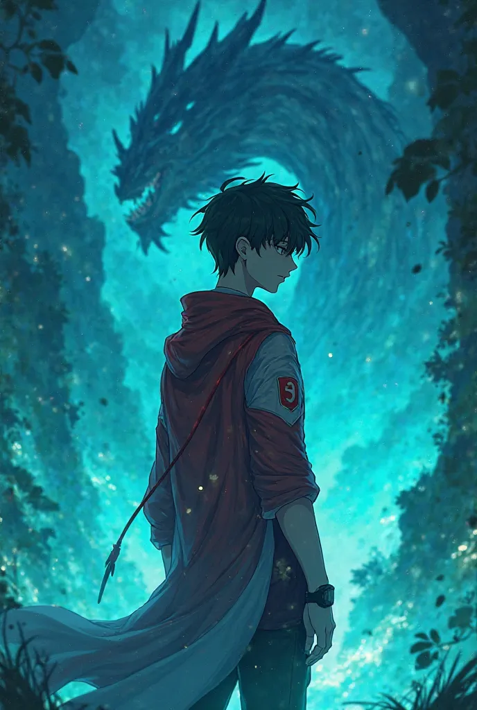 Make me a cool walpaper anime boy in blue light mixed green away from the camera and there is a dragon behind his red and white colors 