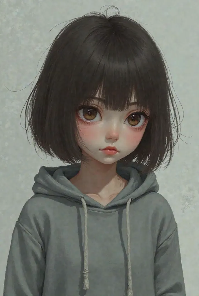 girl ,  short . Dark brown bob hair, of Slavic appearance. in a grey hoodie 
