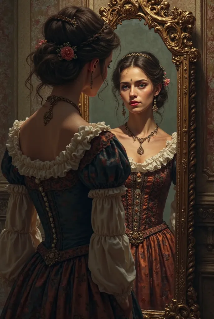 A medieval lady looking at herself in an antique mirror, reflecting on your appearance.