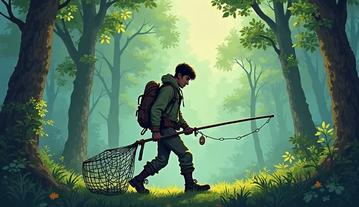 The hunter walking away from the forest, his shoulders slumped in defeat, with the net and cage dragging behind him. cartoon type
