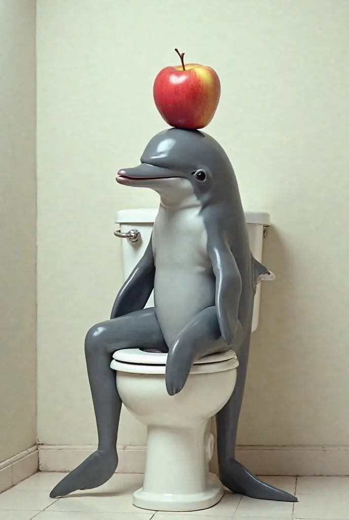 a dolfin is sting on a toilet whit aplle on his head