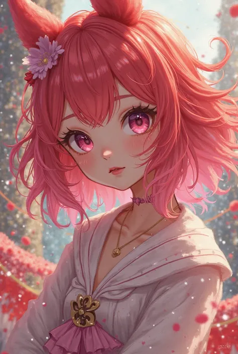 Make an anime character with red hair and pink locks