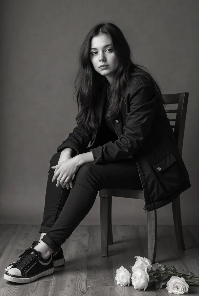 A girl at a photo shoot, black and white photo on the floor with flowers and she is sitting in a relaxed pose on a chair, she has long dark hair. And she's about 20 years old and she's wearing a black jacket.