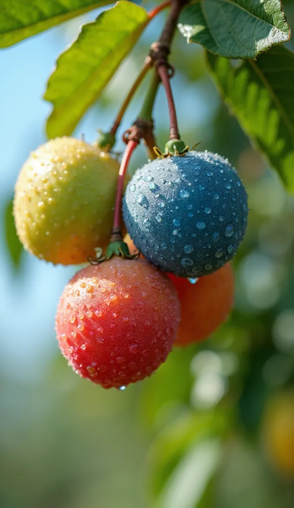 "A close-up of one colorful fruit hanging from a tree, fruit having a vibrant and un-natural color such as red, blue, and green. The fruit is fresh, covered in sand sized dew droplets, and set against a soft-focus natural background with lush green leaves ...