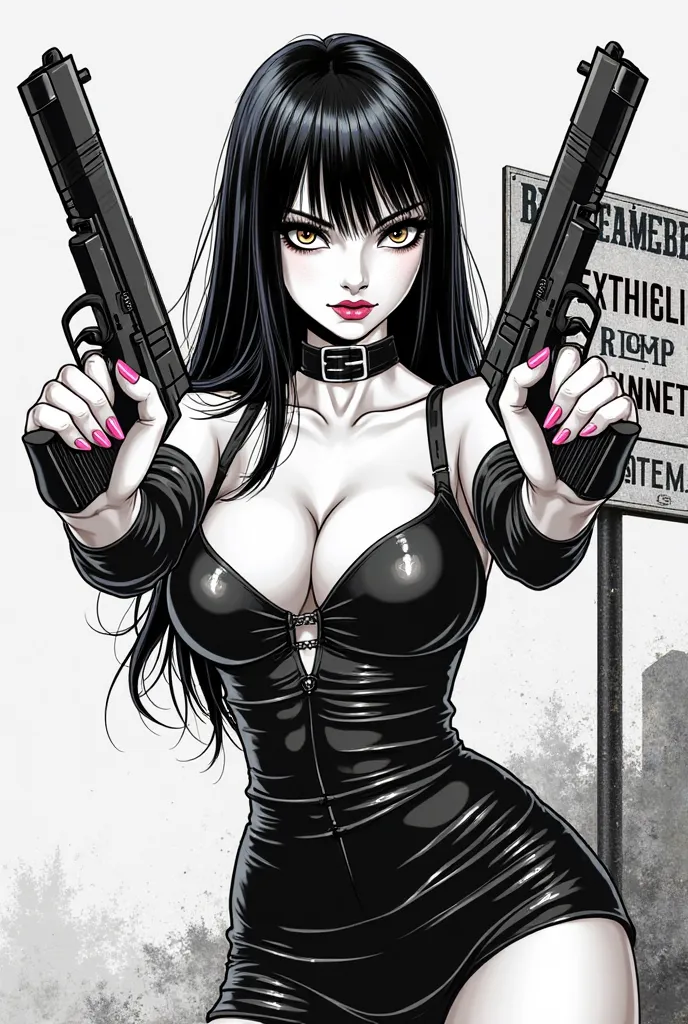 Black and white cartoon of a sexy female manga with dark long straightened hair and dark eyes.A gun in each hand. Uniquement les ongles rose. A sign with writing on it : rego do cu