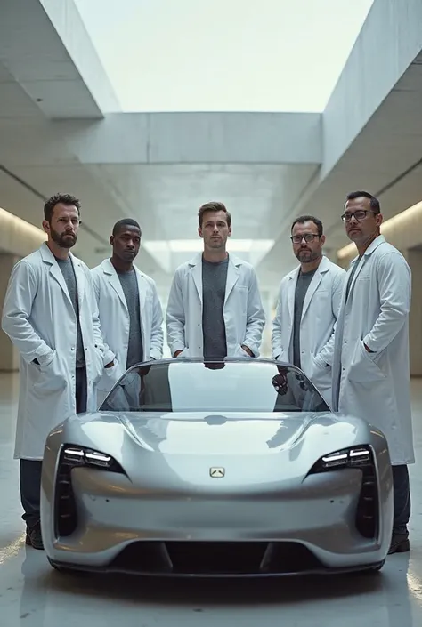 Create 5 men in white coats and sweaters in front of a car