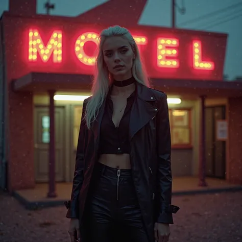 A platinum-haired woman brushed back with a black leather overcoat, a cropped blouse and high-top vinyl boots in front of a very American motel with neon light.,Very cinematic and vintage image 