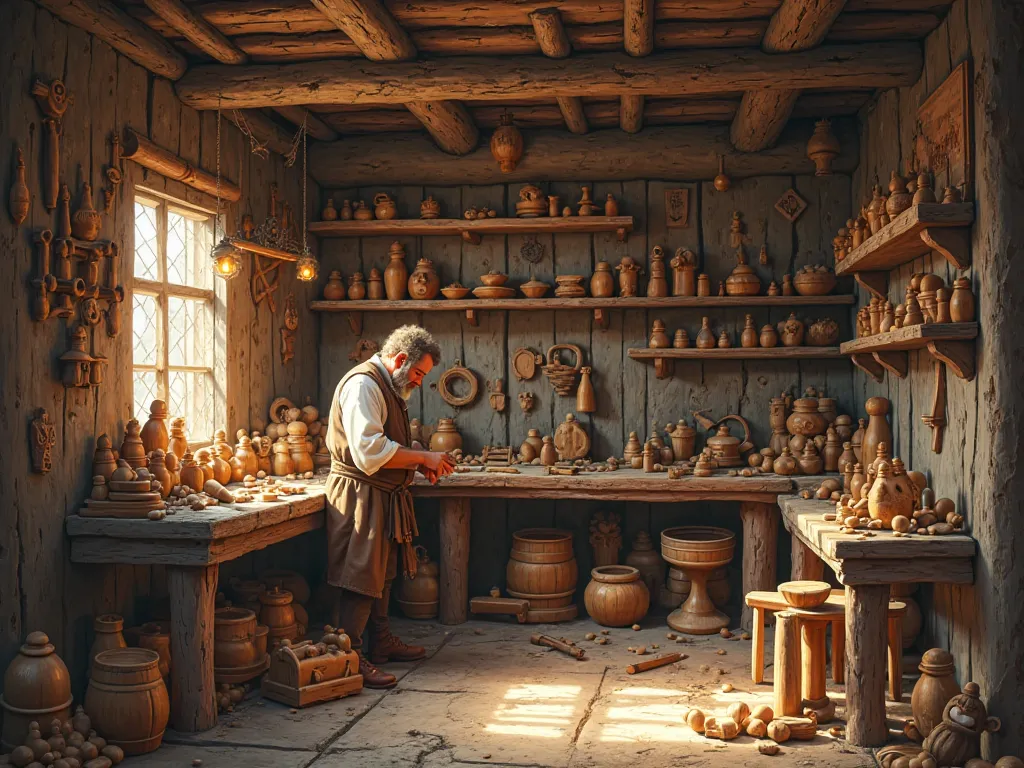 Create an image of a wooden toy workshop, The image must be worse from medieval times