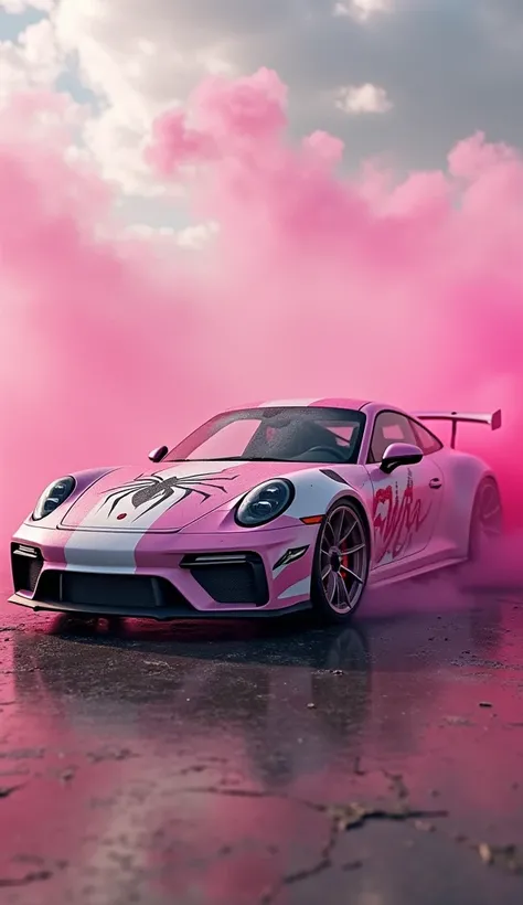 Side view of a Porsche 911 2025 super sports car customized with Gwen's spider-woman themed design, featuring pink and white colors and a large spider emblem in the center of the bonnet. The car should reflect the details similar to the Spider-Woman,. epic...