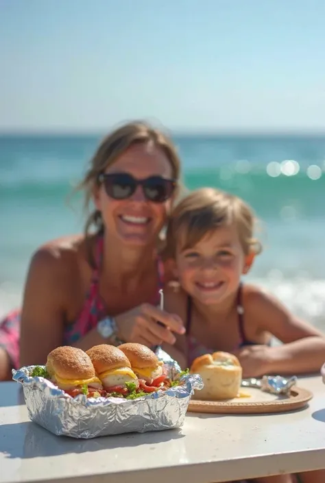 Latin woman preferably mother, on a trip to the sea enjoying with your son, generates the image as if it were appropriate for a background image, The wife and son are eating a sandwich wrapped in aluminum foil, In the foreground you can add a box with an a...