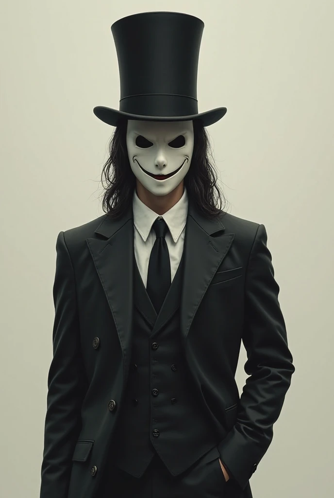 A man in a suit, with a top hat, a simple smiley mask, with long black hair,          Tied in the back, With some loose locks in front 