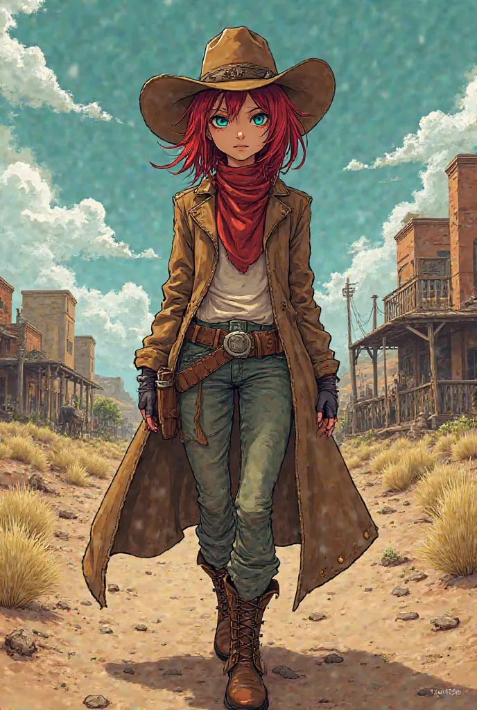 A short red-haired woman with two-colored eyes (blue-green) disguises herself as a male cowboy the JoJo's Bizarre Adventure : Steel Ball Run art style.