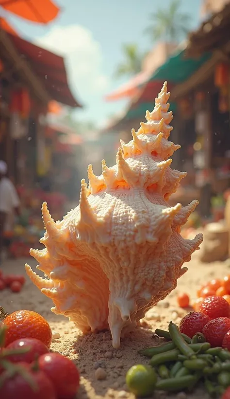 A conch in a blurry market. 