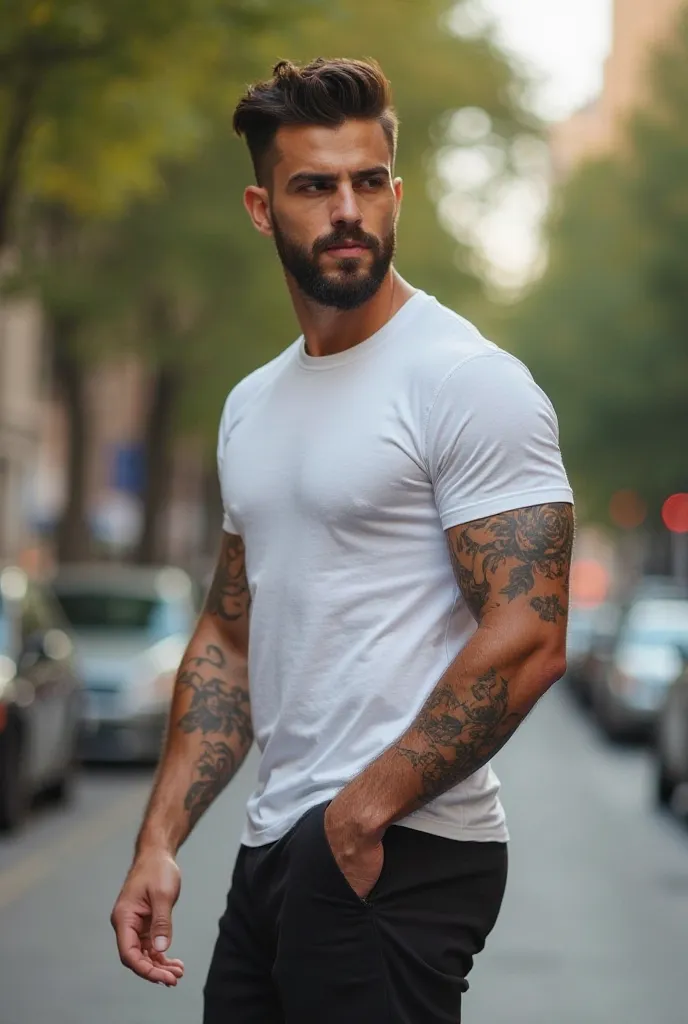 From the side posing,A young and stylish man walking on a tree-lined street during the day.  he has an athletic physique  , tanned skin, thick legs showing on the pants and a well-groomed beard. Her hair is dark and slightly messy. He wears a tight white t...