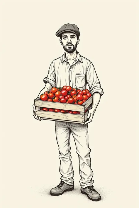 crée un logo semi réaliste avec des trait simple une sorte de dessin avec éric pedebas tenant une caisse avec des tomates avec un fond clair