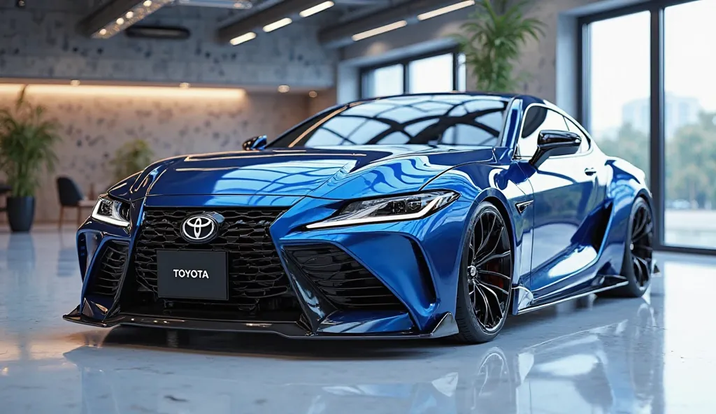 create an ultra-detailed 3D render, of a Modren (  2026 Toyota celsior with a bold design looking long  captured from   (front)view. The car should feature a 'Gleamy  ( blue  white) glossy shining  color with a ( Toyota celsior) ' logo on its (front), a la...