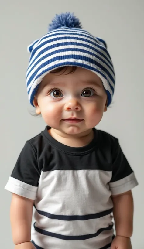 Create a white and black t-shirt for babies ,  with brown eyes, with the striped blue , standing with a blue and white cap,  ultra realistic