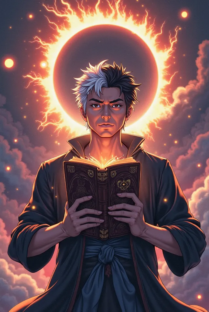 Anime of a 30-year-old man carrying a magic book and his hair is black and white and short and behind an eclipse and eyes in the sky 