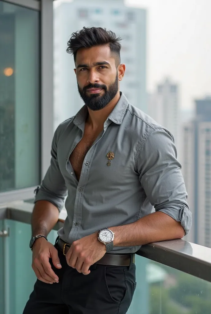 A **fit and muscular South Asian man** with a **light beard**, confident expression, and **well-defined jawline**, leaning casually on a **glass railing balcony** with a relaxed yet commanding presence. His **hairstyle is modern and voluminous**, styled in...