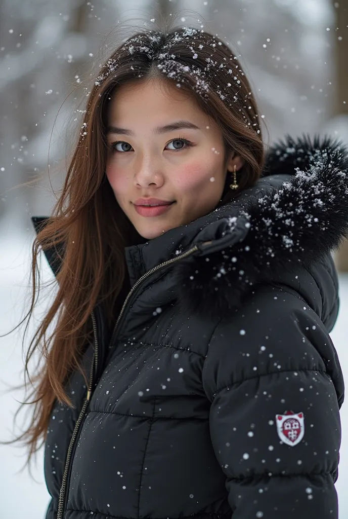  a beautiful Asian woman , and a Russian man, detailing all parts of the body,   with expressive eyes, sports figure, luxury bust, With a sweet smile,  with long brown hair, in black winter jacket, High detail,  drawing small details,  play of light and sh...