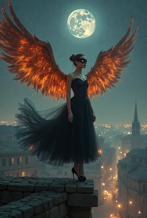 A dramatic full-body portrait of a mysterious ballerina standing on the edge of a towering, ancient bell tower under the vast, star-speckled night sky. She is dressed in an elegant, flowing black gown that merges the aesthetics of a classical ballet tutu w...