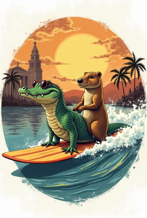 "Vintage-style circular design featuring a fun-loving alligator and a capybara surfing on a wave in Lagoa da Pampulha, Belo Horizonte. The alligator should have a cool, retro look with sunglasses or board shorts, while the capybara exudes a chill, laid-bac...