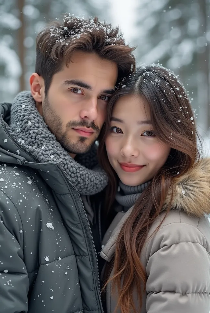  a beautiful Asian woman , and a Russian man, detailing of all parts of the body,   with expressive eyes, sports figure, luxury bust, With a sweet smile,  with long brown hair, in a gray winter jacket, High detail,  drawing small details,  play of light an...