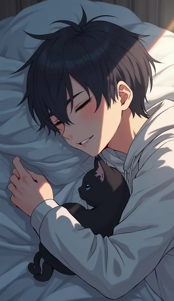 
The young man in a loose hoodie lies on his side on the bed, his head resting on his arm, his eyes slightly closed.
The small black cat curls up close to him, its soft fur touching his arm.
The camera angle is high, showing peace, The art style is modern ...