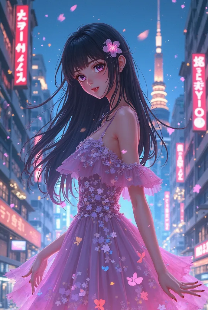 Create an AI-generated anime-style digital illustration depicting a young woman in a vibrant city scene at night. She wears a whimsical, elegant dress adorned with colorful flower petals (hues of pink, purple, and white, reminiscent of sakura and other Jap...