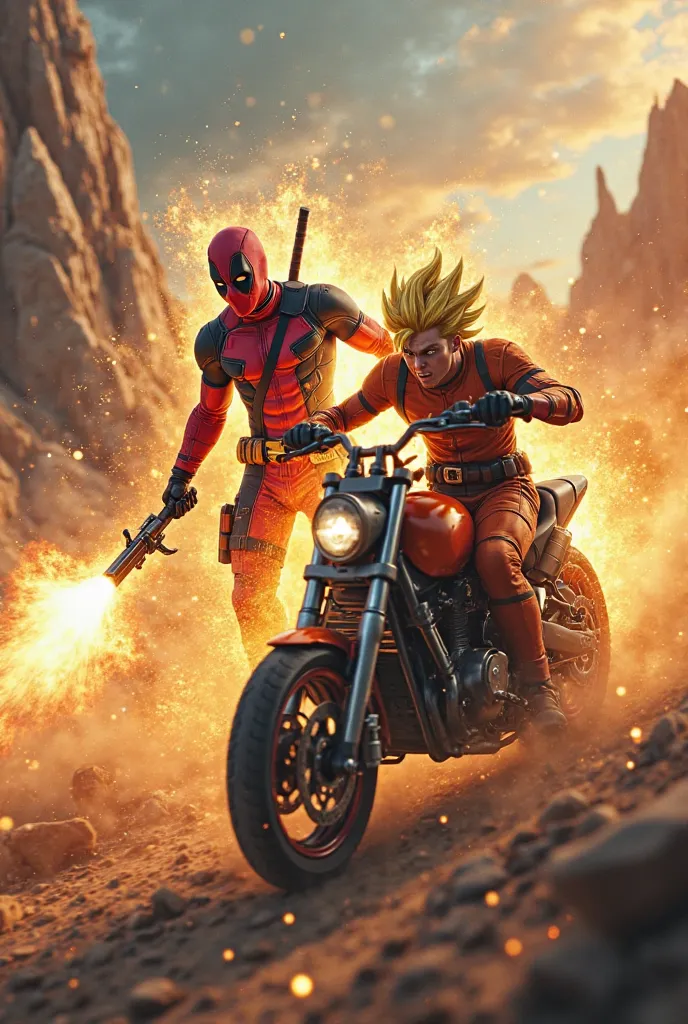 Deadpool becoming the super sayajin of with his gun shooting Goku on a bike
super realistic image