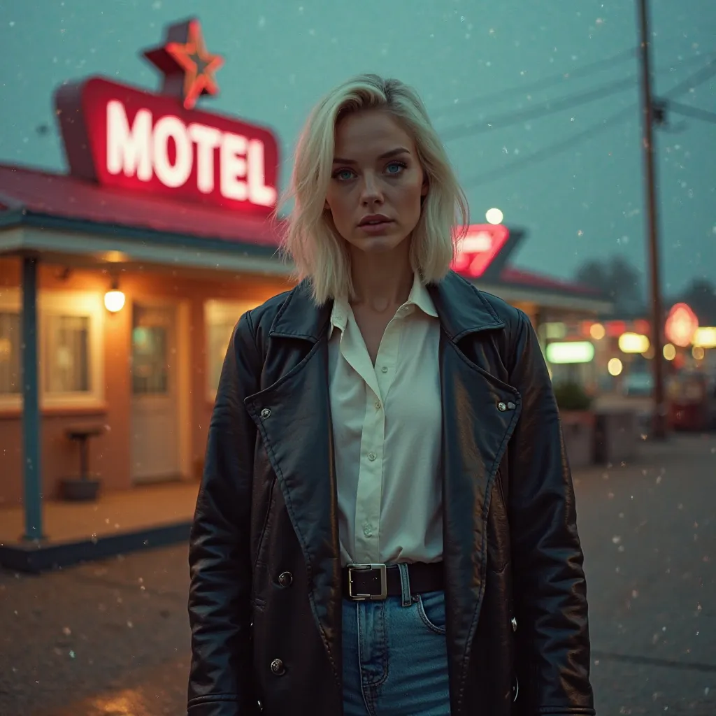 A woman with platinum blonde hair brushed back and blue eyes wearing a black leather overcoat, a short basic white blouse and high-top jeans and vinyl boots in front of a very American motel with neon light.,Very cinematic and vintage image 