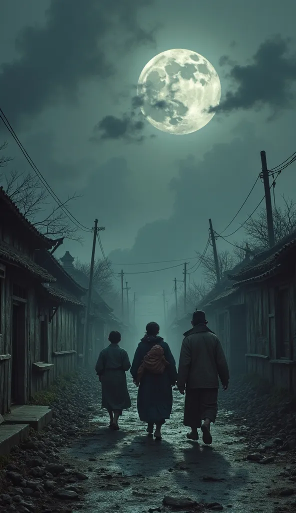 A dark, war-torn Chinese village in the 1940s, with smoke rising from burning houses. A terrified Chinese family—men, women, and ren—running towards an old wooden bridge under the pale moonlight. The father is carrying a small , while the mother clutches a...