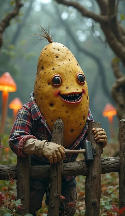 The creepy yet adorable anthropomorphic potato works outside in a magical forest village. The potato has a small 3-head tall figure with oversized features, including large hands and a big smile, making it look both unsettling and cute. The potato is fixin...