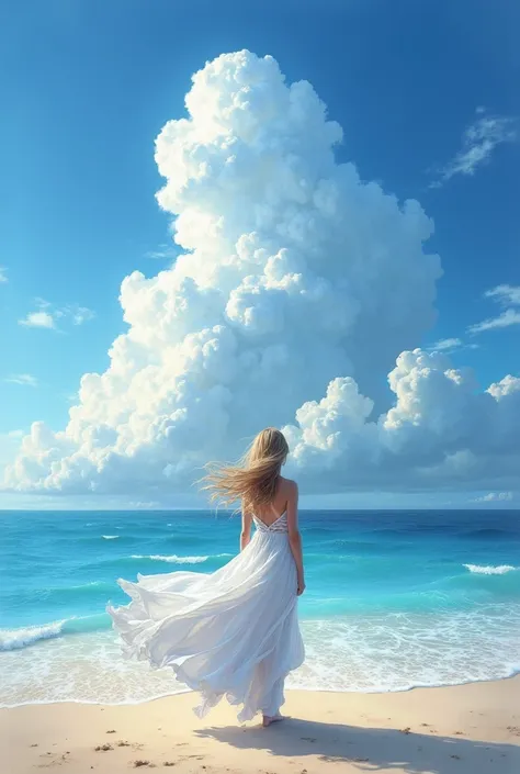 Best Quality, masterpiece, beauty,  Fantastic, strand,  sandy beach, bright blue sky, Cumulonimbus,  Cobalt Blue Ocean , 