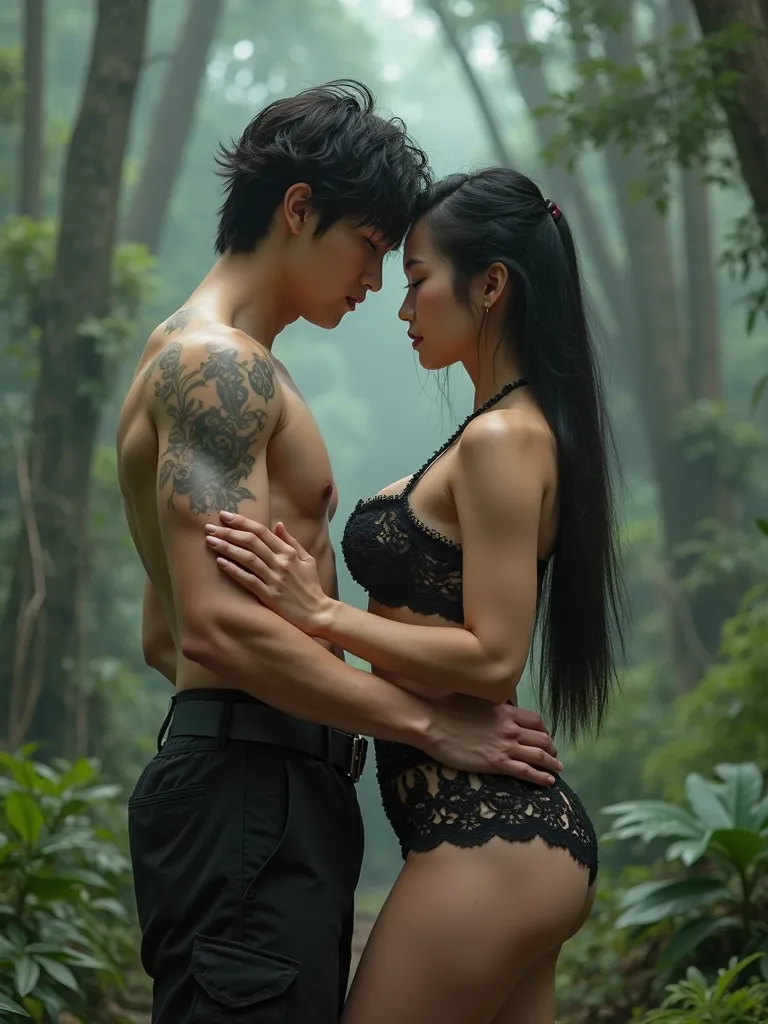 Beautiful 17-year-old Asian girl seduced by a man, white, pink skin, long hair, posing as Boa Hancock (Boa Hancock) The Empress of the Female Island, ภาพถ่ายจากคนจริง  แต่งCombat Kits ผิวเนียน หุ่นเซ็กซี่ นมใหญ่มากเห็นชัด ผมดำยาว ภาพถ่ายเสมือนจริง บรรยากาศ...