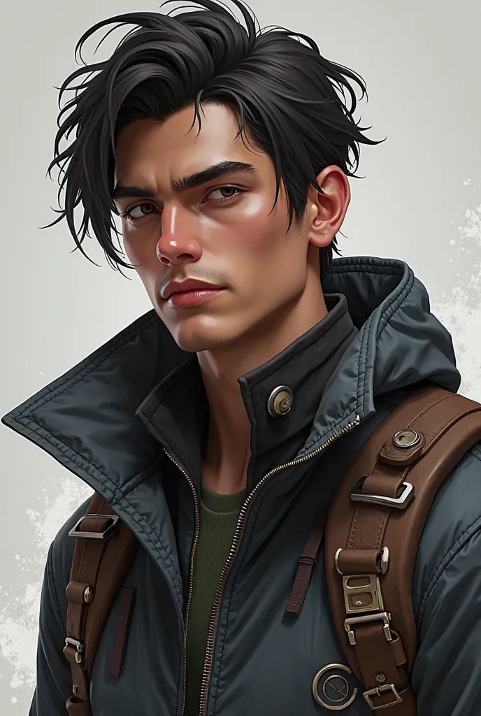 arafed image of a man with a jacket and a backpack, a character portrait inspired by Yamagata Hiro, Artstation contest winner, digital art, detailed character portrait, portrait of eren yeager, caleb from critical role, handsome guy in demon slayer art, ha...