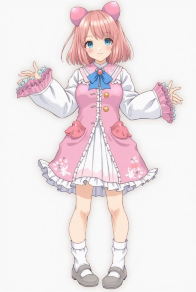 anime style  avatar The avatar's clothing consists of a pink jacket with white details and buttons on the front. The jacket has a design that opens at the bottom, revealing a white skirt with a pink border. The sleeves of the jacket are long and white, wit...