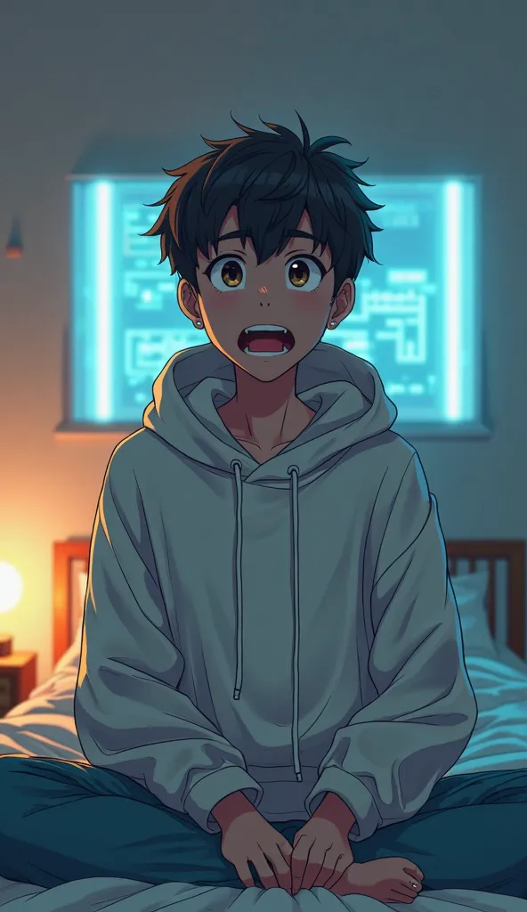 A young man in a loose hoodie sits up on the bed, his eyes wide with surprise. Medium camera angle, frontal. The art style is modern anime with semi-realistic detailing and a cyberpunk influence.