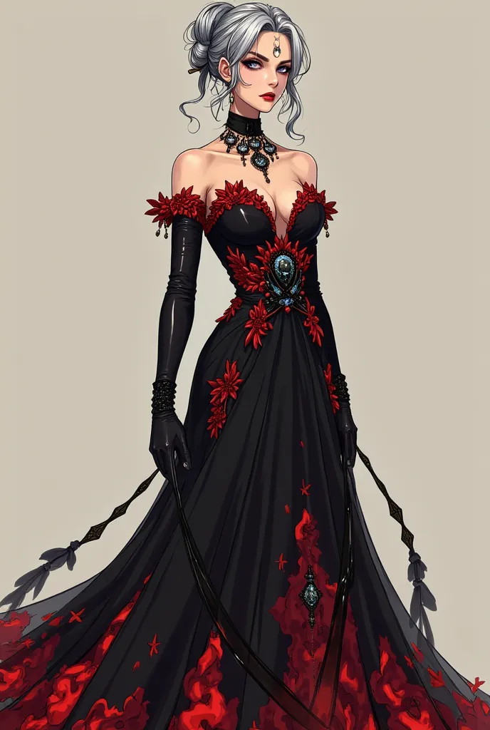 
A tall and elegant woman, with gray hair tied in a sophisticated bun. She wears a long black dress filled with bright red details, with elbow-length gloves and flashy jewelry.  The face has strong features , striking makeup and a look of constant contempt...