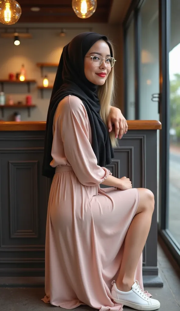 raw, best quality, High resolution,  Masterpiece : 1.3), girl in a short build hijab from Indonesia, (seductive girl in a hijab ),  Masterpiece ,  round:1.05 curved body, beautiful big eyes, soft smile , (wearing a beige long chiffon maxi dress),  big roun...