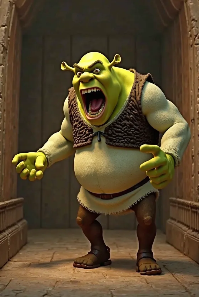 Shrek original, Standing screaming in anger, in a brown room 