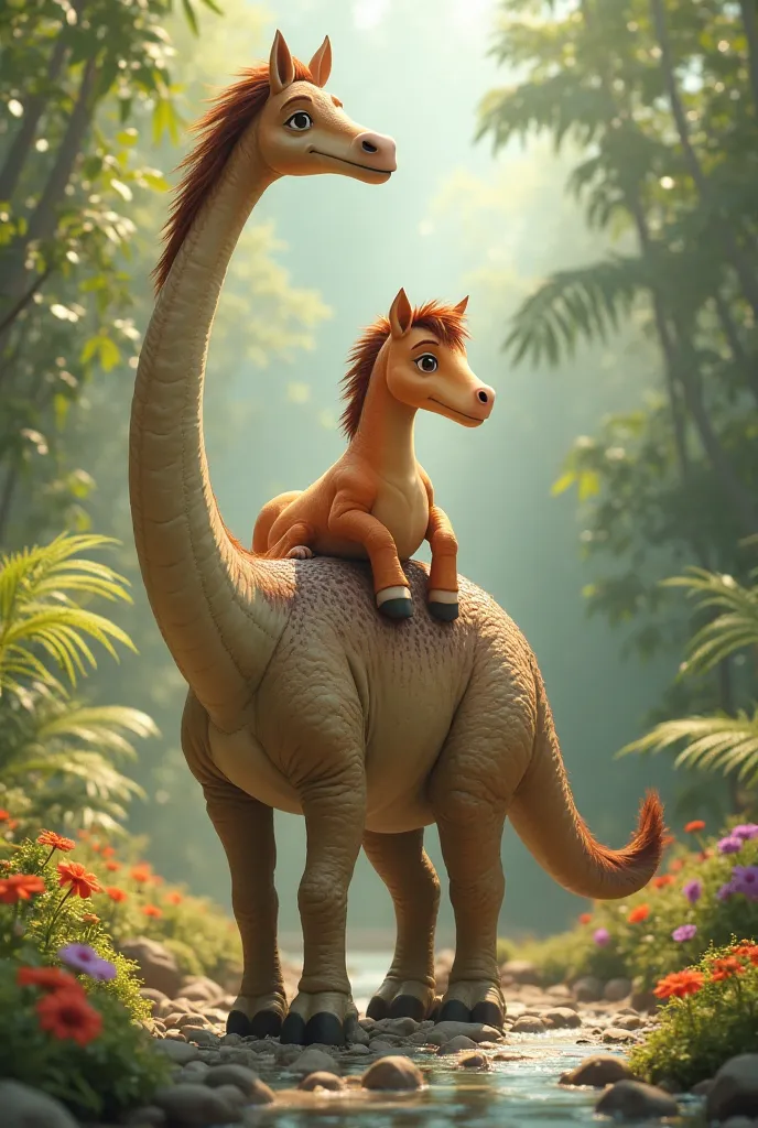 Dinosaur with a cute horse on its back