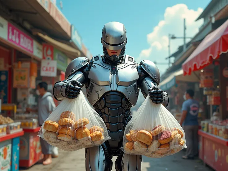 Super realistic photo of Robocop carrying five plastic bags filled with traditional Indonesian food and cakes, background view of some cake vendor stand at noon with blue clouds