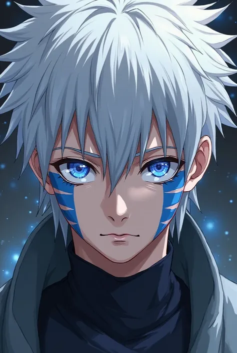 Young man with white hair , with a Sharingan and a Rinnegan with their faces painted with two blue stripes 