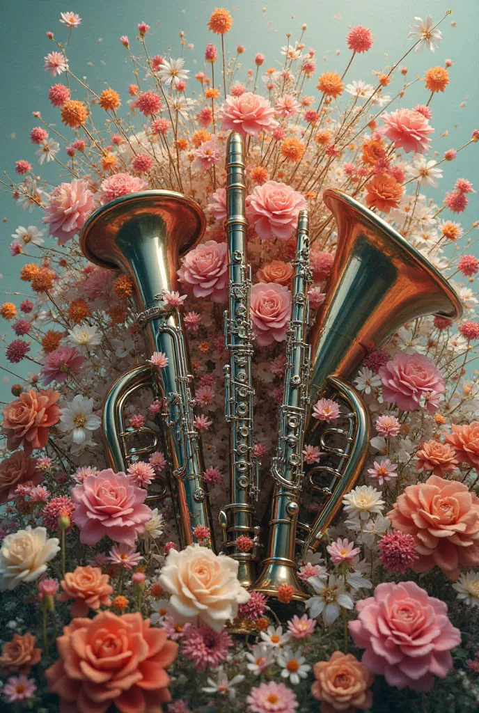 Clarinet, flute and tuba with an explosion of flowers without background 