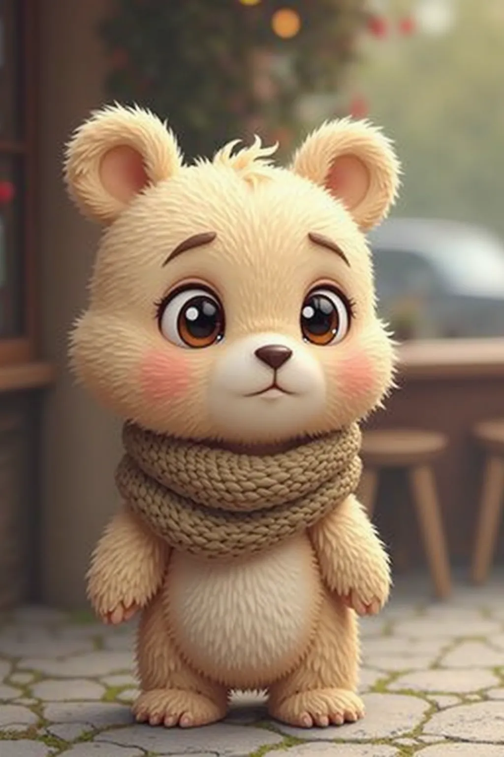 A cute and confused little bear with big, expressive eyes, always looking a bit sleepy and lost. He has soft and fluffy fur in a pastel shade (such as beige, light brown, or even baby blue). His snout is small and round, and his ears are slightly droopy, g...