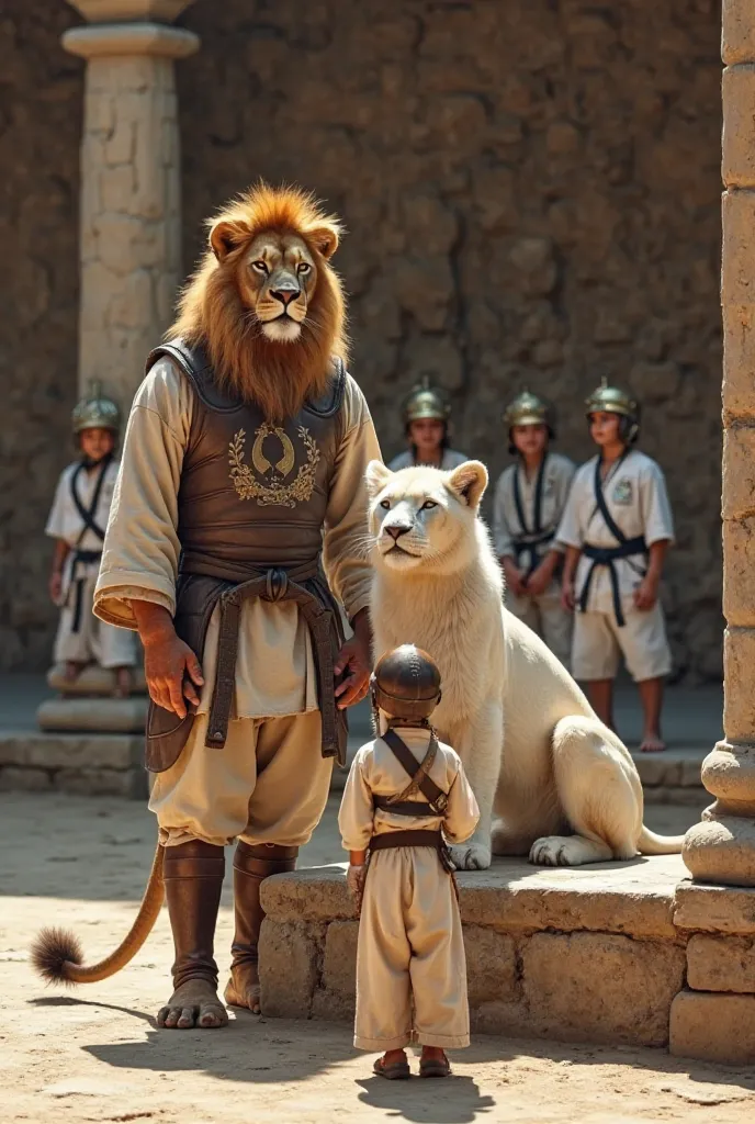 he image features a majestic lion with a light brown coat, wearing a Kimura shukokai karate gi with a Spartan-inspired helmet and armor. He's standing behind his white lioness, who's sitting on a stone bench, watching their 5 cubs and eldest daughter train...