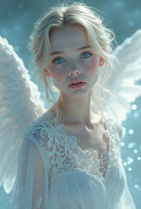 A young woman with very blue eyes with an angel's aurela and wings, her clothes refer to something angelic: her face is an immense purity and beauty. 