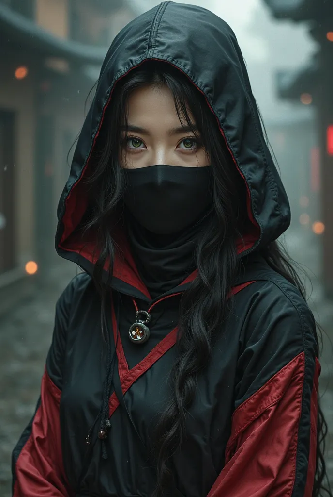 beautiful girl with long wavy half up half down black hair   hair with dark green eyes eyes wearing  black and red  ninja style eyes outfit with hood and mask , naruto 