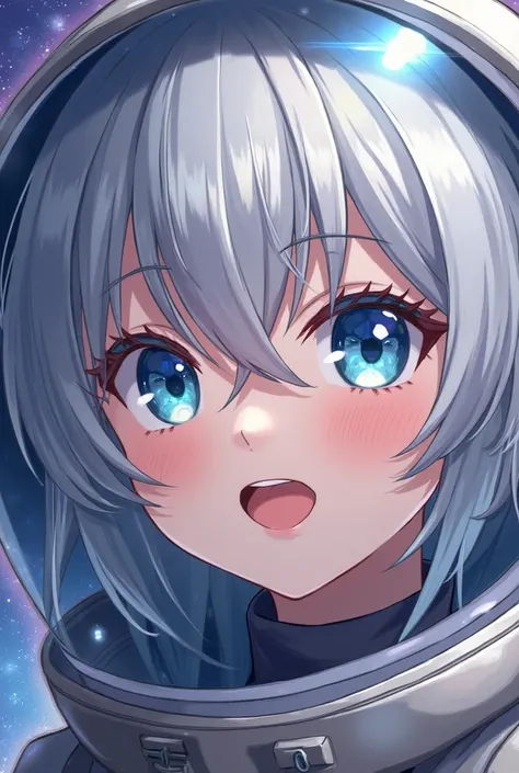  fantasy anime Close-up of the best masterpiece :1.5)0.9], (Space and astronauts:1.2) (Loose silver hair:1.1) (heterochromia: xanthochromia and blue eyes:1.2) (Space helmet:1.0) ( Colored stars in the eyes:1.0) (Shining light:1.1) (full lips:0.9)